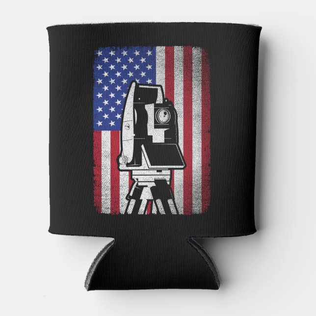 Patriotic USA American Flag Land Surveyor  Can Cooler (Front)