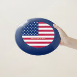 Patriotic USA American Flag Monogram Personalized Wham-O Frisbee<br><div class="desc">The American, Stars and Stripes, Old Glory, Star-Spangled Banner, USA flag, custom, personalized, beautiful elegant faux gold typography script, name monogram / initials, fun, cool, stylish, UPA approved 175g frisbee flying disc, to show your pride, patriotism, love. Simply enter your name / family name / company name / initials /...</div>