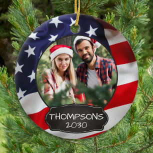 Patriotic USA American Flag Personalised 2 Photo Ceramic Ornament
