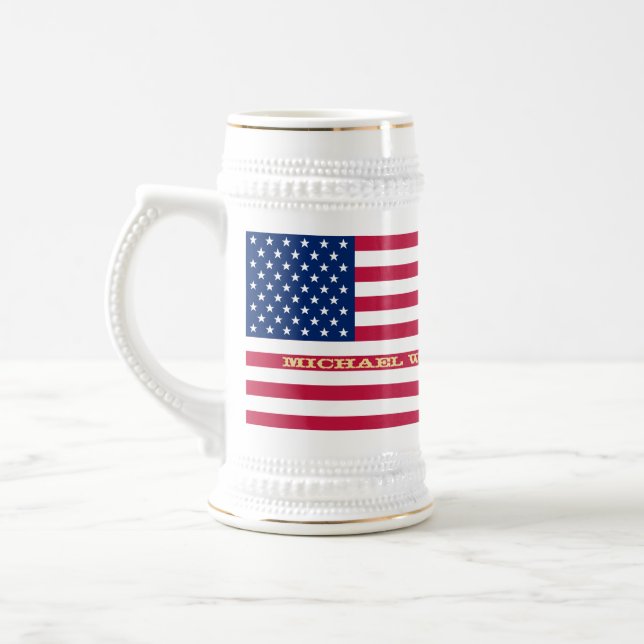 Patriotic USA American Flag Personalized Monogram Beer Stein (Left)