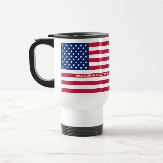 Patriotic USA American Flag Personalized Monogram Travel Mug (Left)
