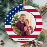 Patriotic USA American Flag Personalized Photo Ceramic Ornament<br><div class="desc">American Flag Christmas Ornament. This patriotic stars and stripes usa flag christmas ornament will be a treasured keepsake. Ornament is double sided, you can do 2 favorite photos, one on each side. Perfect for military, patriotic family, and all those who love the American Flag. Personalize name on the front, and...</div>
