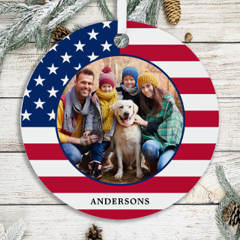 Patriotic Usa American Flag Personalized Photo Metal Ornament by BlackDogArtJudy at Zazzle