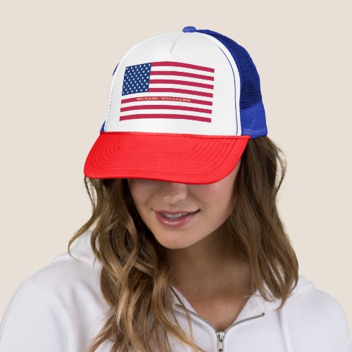 Patriotic USA American Flag Stars Stripes Red Blue Trucker Hat