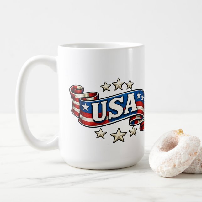 Patriotic USA Banner Coffee Mug (With Donut)