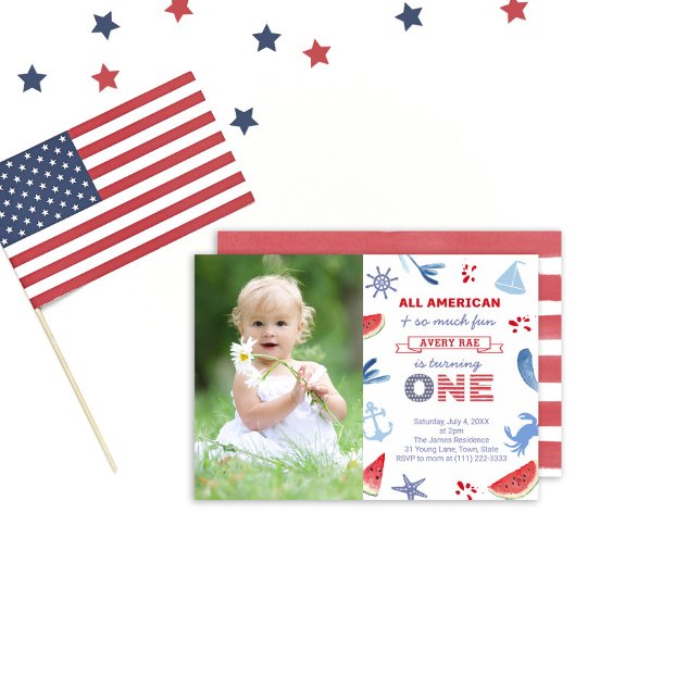 Patriotic USA Beach 1st Birthday Party Picture Invitation (Creator Uploaded)