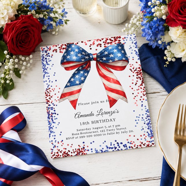 Patriotic USA bow red blue birthday invitation (Creator Uploaded)