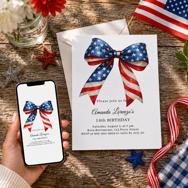 Patriotic USA bow red white blue birthday Invitation (Creator Uploaded)