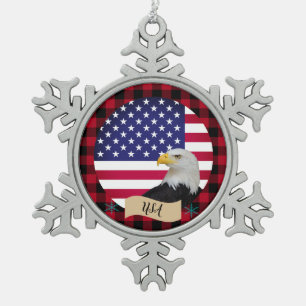 Patriotic USA, buffalo plaid, Eagle, American Flag Snowflake Pewter Christmas Ornament
