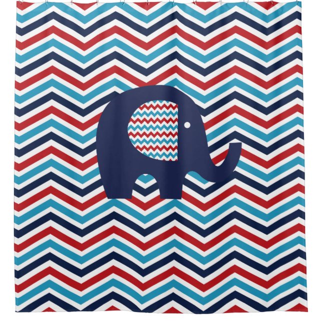 Patriotic USA Chevron Stripes Elephant Shower Curtain (Front)