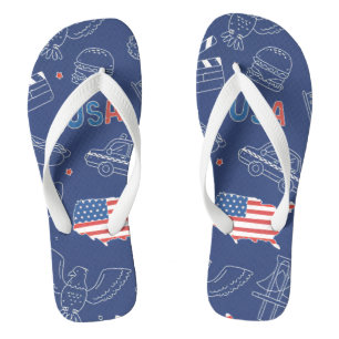 Patriotic USA Doodle Pattern Blue American Flag Flip Flops