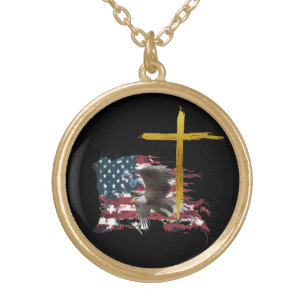 *~* Patriotic USA Eagle Military Christian Veteran Gold Plated Necklace