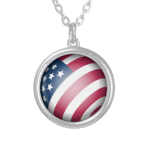 Patriotic USA Flag Cool Globe Art Silver Plated Necklace