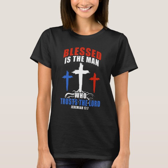 Patriotic USA Flag Cross Bible Verse Christian T-Shirt (Front)