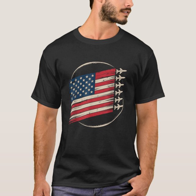Patriotic USA Flag Fighter Jets Boys 4th of July T-Shirt (Front)