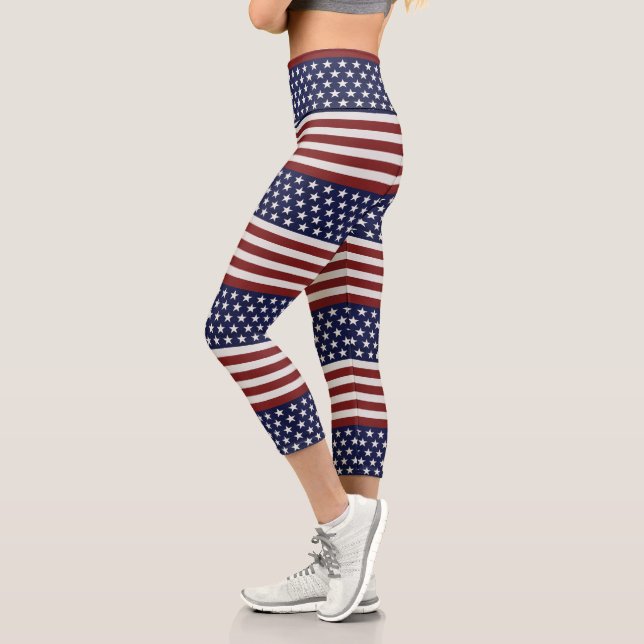 Patriotic USA Flag, Fun American Red White Blue Capri Leggings (Left)
