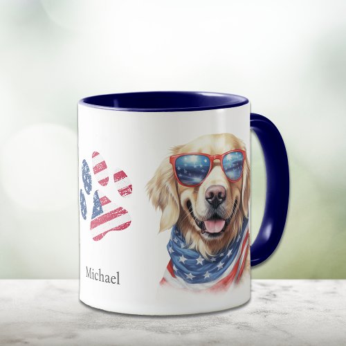 Patriotic USA Flag Golden Retriever Dog Mug