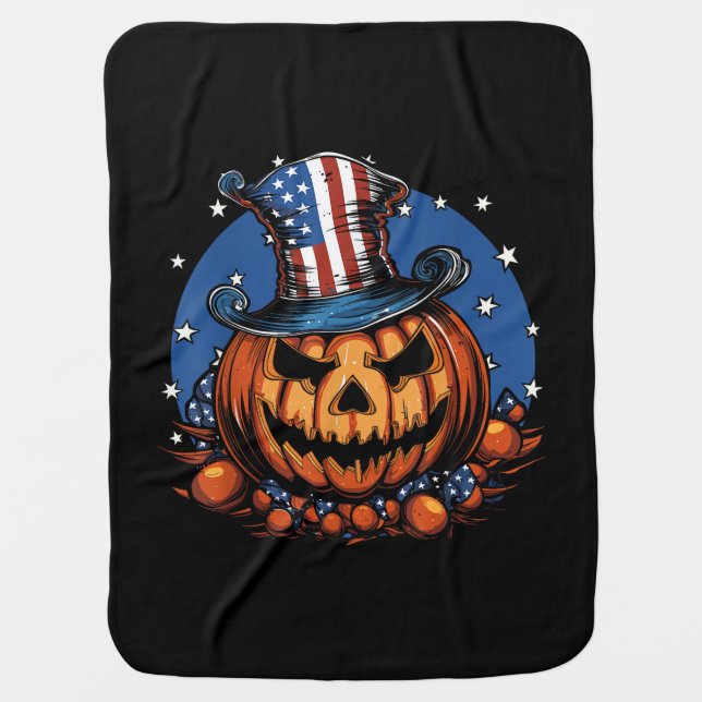Patriotic USA Flag Halloween Pumpkin Baby Blanket (Front)