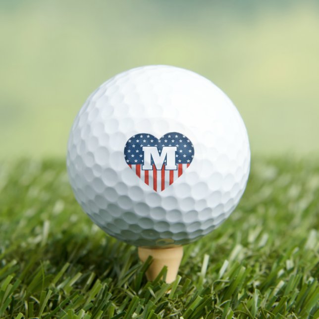 Patriotic USA Flag Heart Personalized Monogram  Golf Balls (Insitu Tee)