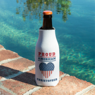 Patriotic USA Flag Heart "Proud American" Name  Bottle Cooler
