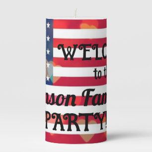 Patriotic USA Flag hearts with calligraphy text Pillar Candle