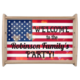 Patriotic USA Flag hearts with calligraphy text Serving Tray