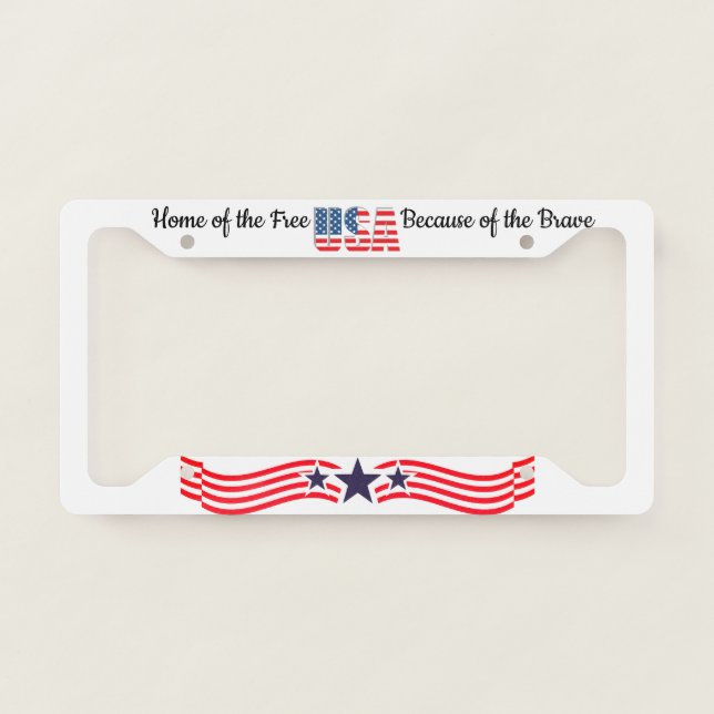 Patriotic USA Flag Home of the Free Because Brave License Plate Frame (Front)