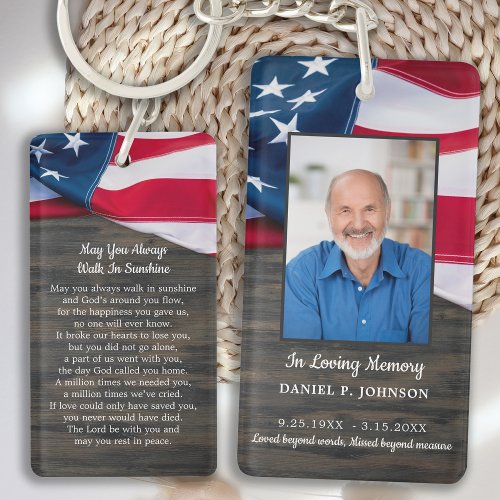 Patriotic USA Flag Memorial Funeral Prayer Card Keychain