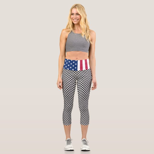 Patriotic USA Flag Modern Black White Checkered Capri Leggings (Front)