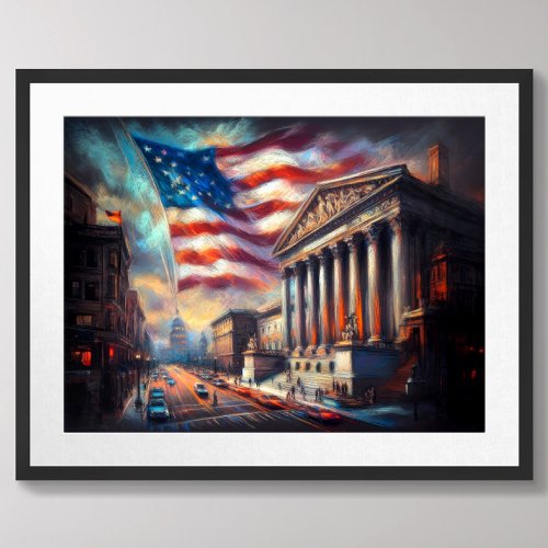 Patriotic USA Flag Over City Scene America Poster