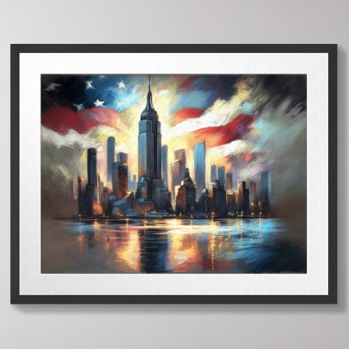 Patriotic USA Flag Over City Skyline America Poster