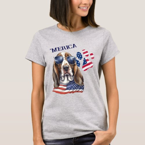 Patriotic USA Flag Paw Print Basset Hound Dog T_Shirt