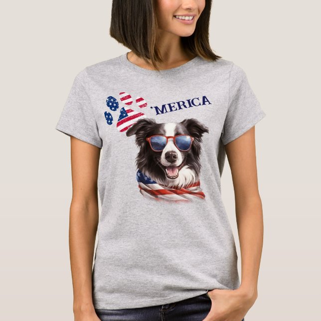Patriotic USA Flag Paw Print Border Collie Dog T-Shirt (Front)