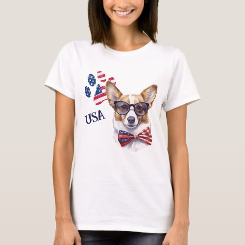 Patriotic USA Flag Paw Print Corgi Dog T_Shirt
