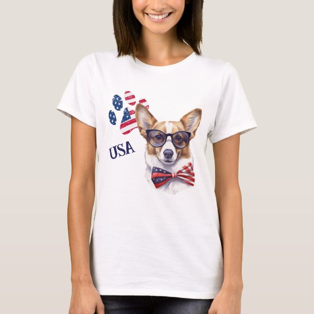 Patriotic USA Flag Paw Print Corgi Dog T-Shirt (Front)