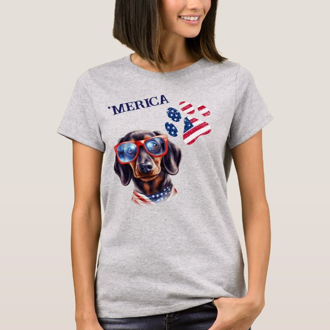 Patriotic USA Flag Paw Print Dachshund Dog T-Shirt (Front)