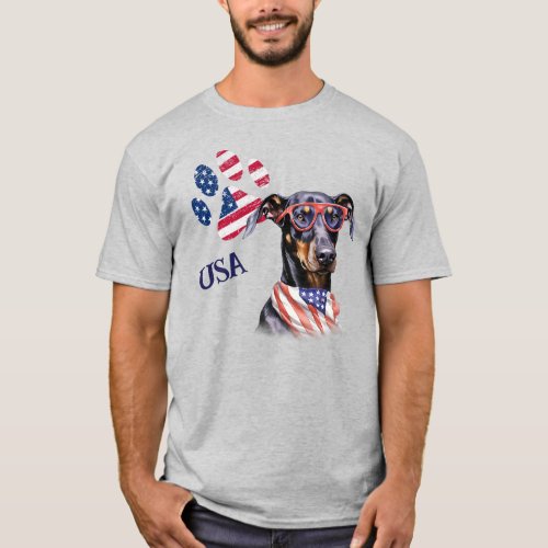 Patriotic USA Flag Paw Print Doberman Pinscher Dog T_Shirt