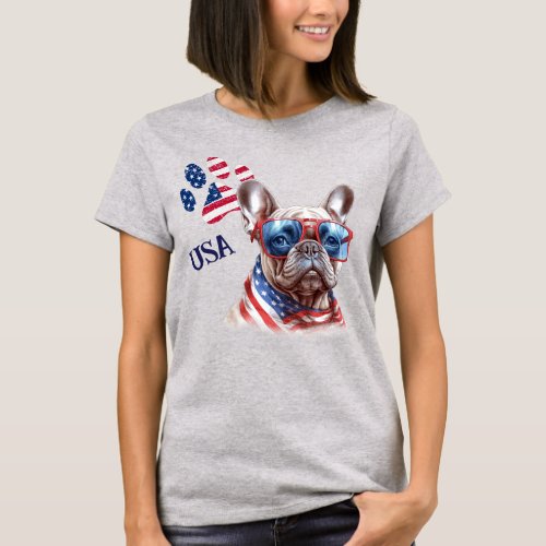 Patriotic USA Flag Paw Print French Bulldog T_Shirt