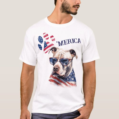 Patriotic USA Flag Paw Print Pitbull Dog T_Shirt
