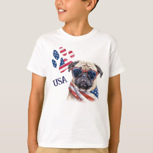 Patriotic USA Flag Paw Print Pug Dog T-Shirt