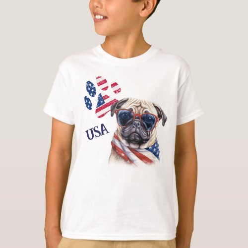 Patriotic USA Flag Paw Print Pug Dog T_Shirt