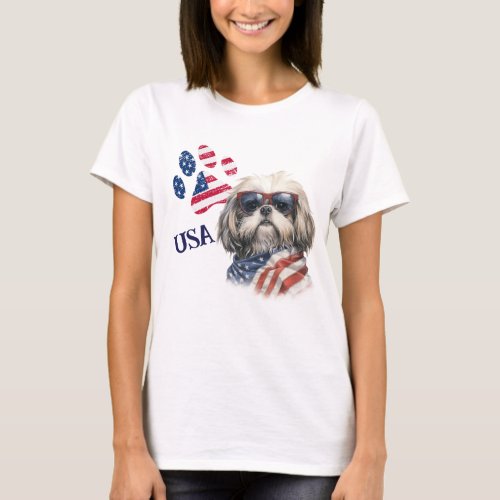Patriotic USA Flag Paw Print Shih Tzu Dog T_Shirt