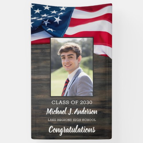Patriotic USA Flag Photo Military Graduation Banner - Patriotic American Flag Military Graduation Banner. Invite friends and family to your patriotic graduation party with this USA flag patriotic graduation party banner. USA American flag design on dark rustic wood. Personalize this military graduation party banner with your favorite photo, name, school and year. See our collection for matching military graduation gifts,party favors, and supplies.  COPYRIGHT © 2021 Judy Burrows, Black Dog Art - All Rights Reserved. Patriotic USA Flag Photo Military Graduation Banner