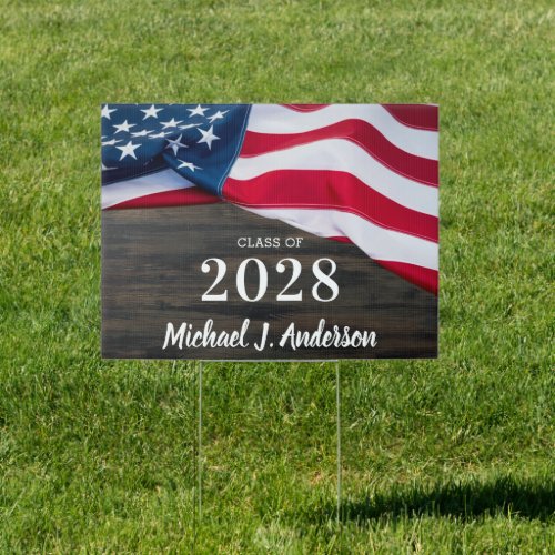 Patriotic USA Flag Photo Military Graduation Sign - Patriotic American Flag Military Graduation Banner. Invite friends and family to your patriotic graduation party with this USA flag patriotic graduation party yard sing. USA American flag design on dark rustic wood. Personalize this military graduation party banner with your favorite photo, name, school and year. See our collection for matching military graduation gifts,party favors, and supplies.  COPYRIGHT © 2021 Judy Burrows, Black Dog Art - All Rights Reserved. Patriotic USA Flag Photo Military Graduation Sign