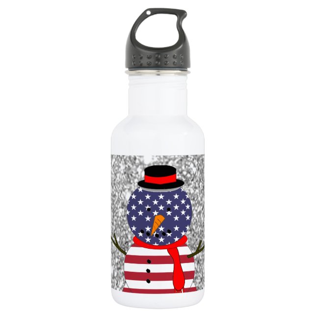 Patriotic USA flag Snowman Glitter Christmas Water Bottle (Front)