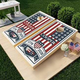 Patriotic USA Flag Stars Stripes Family Name Cornhole Set