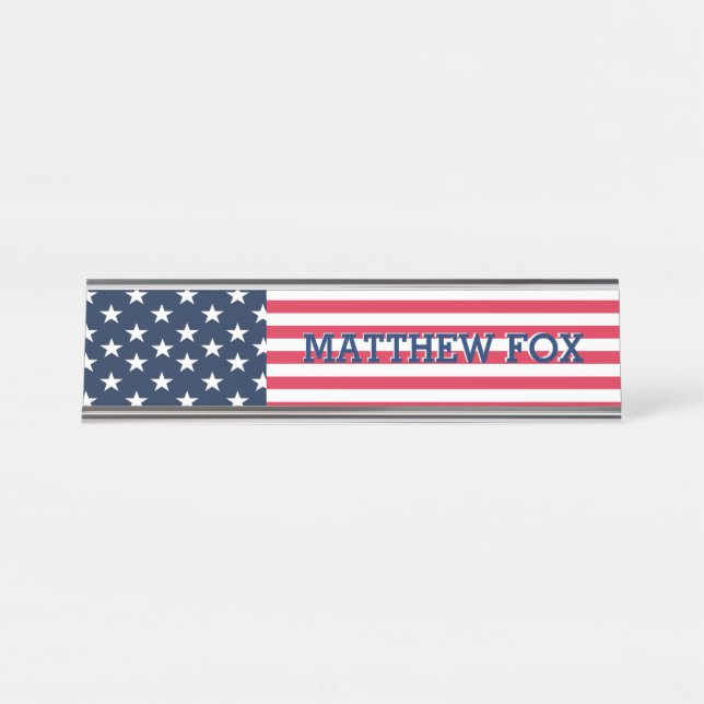 Patriotic USA Flag 🇺🇸 Stars & Stripes Monogram Desk Name Plate (Front)