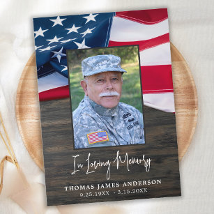 Patriotic USA Flag Veteran Photo Memorial Funeral  Thank You Card