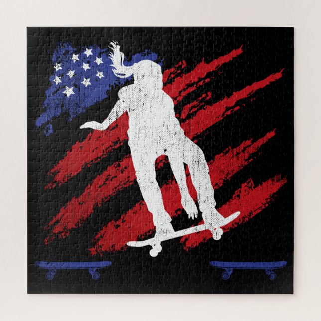 Patriotic USA Flag Women's Skateboarding Jigsaw Puzzle (Vertical)