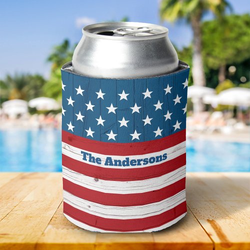 Patriotic USA July 4th Rustic Wood American Flag Can Cooler
